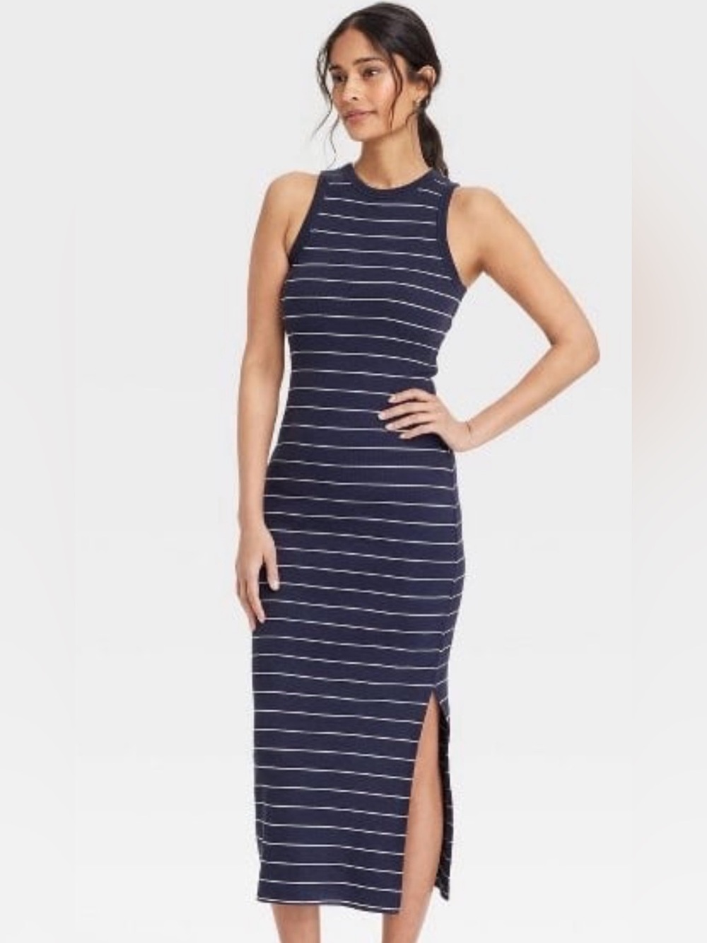 Universal thread Women’s Navy Striped Sleeveless Maxi Dress Bodycon side slit
